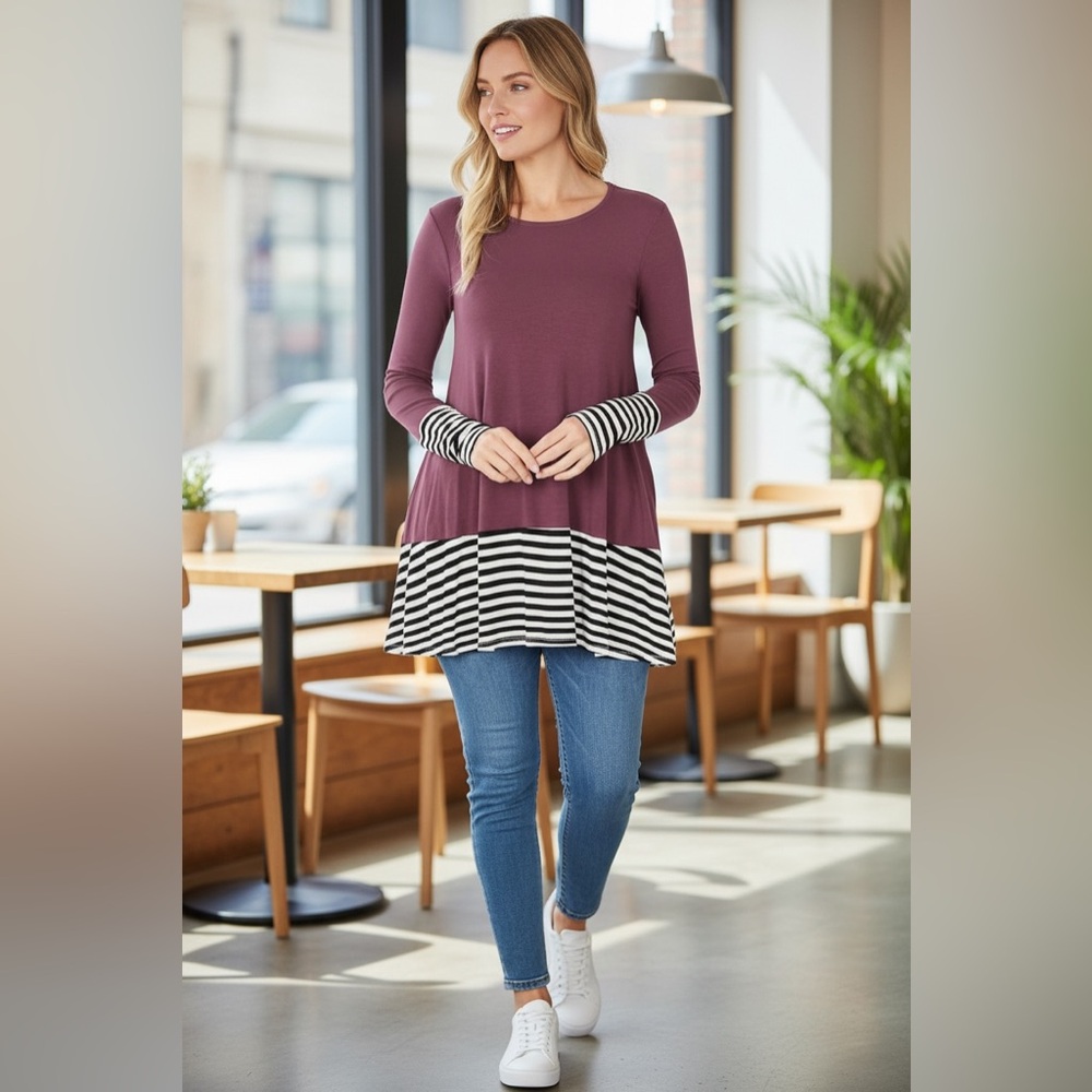 NEW•Peace By Piece Berry Stripe Accented Flowy Top- 2X